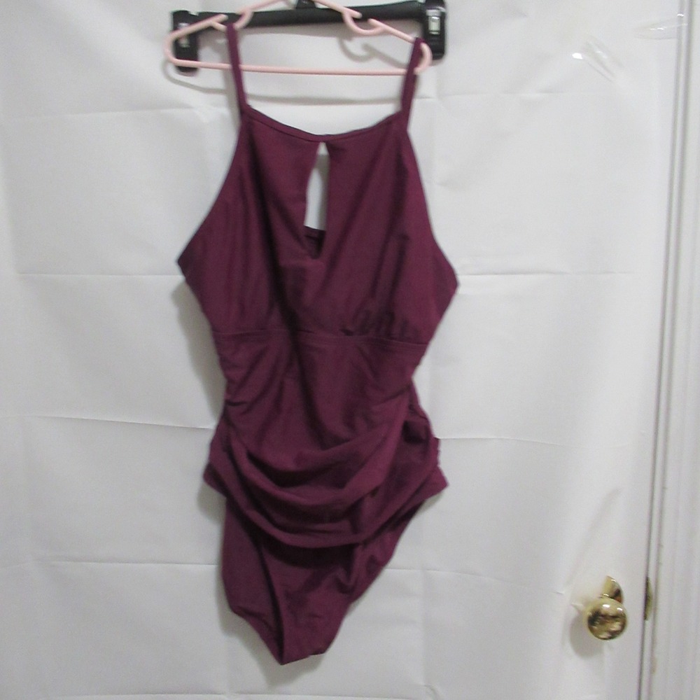 Ellen Tracy Swimsuit Womens 14 Plum Excellent Keyhole High Neck Ruched One Piece